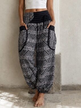 Boho Harem Pants Black White Cotton Cargo Pocket Thai Hippie Festival O/S M-XL